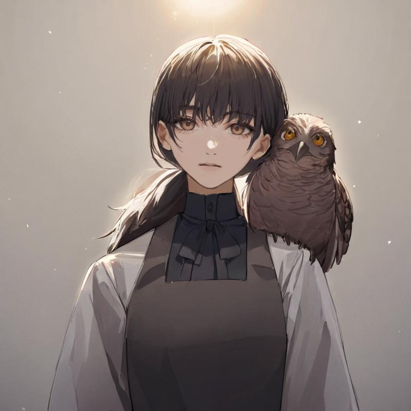 39167-218647236-1girl, mitaka asa, slim girl wearing a long dress, with a potoo standing on her shoulder, portrait, (masterpiece), cinematic, be.png